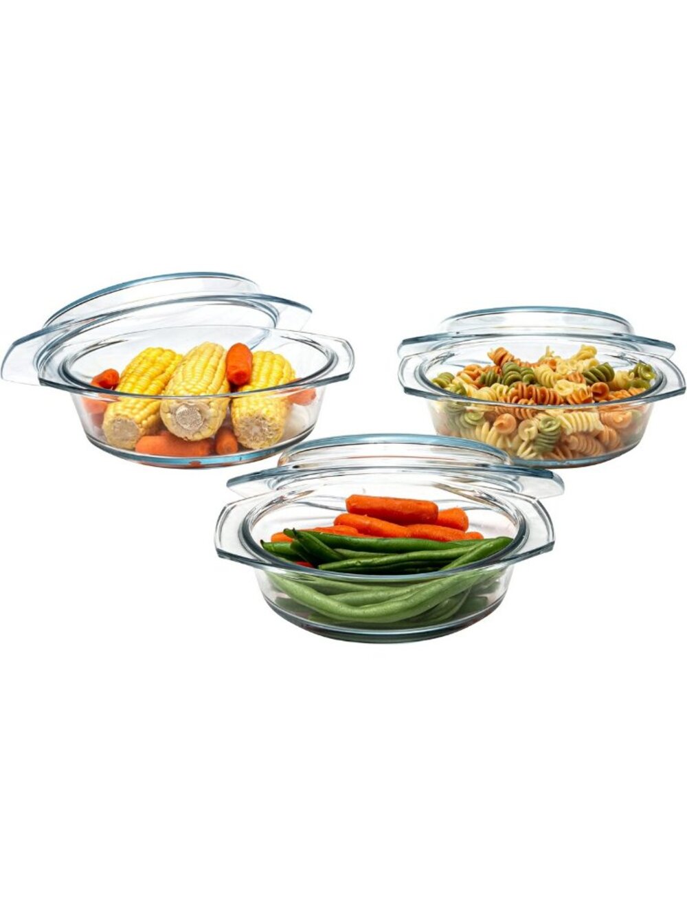 Set of 3 Round Glass Casserole Dishes with Lids - Borosilicate Cookware, Baking